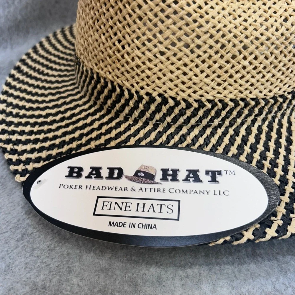 Two-Tone Patterned Mens Tan Bad Hat Poker Woven Straw Fedora Hat 24.5in OS